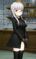 Rule 34 | black thighhighs, bow, brown gloves, dress shirt, glasses, gloves, heidimarie w. schnaufer, highres, long hair, military uniform, non-web source, red eyes, shirt, solo, straight hair, tagme, thighhighs, thighs, uniform, white hair, world witches series