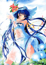 Rule 34 | 1girl, ;(, absurdres, blue eyes, blue hair, breasts, copyright request, covered erect nipples, dress, flower, hat, hat flower, highres, hose, long hair, matching hair/eyes, nimura yuuji, see-through, small breasts, solo, very long hair, water, wet, wet clothes