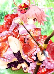 Rule 34 | 10s, 1girl, alternate costume, arrow (projectile), bad id, bad pixiv id, bow (weapon), drawing bow, floral print, flower, flower on head, hair flower, hair ornament, highres, holding, holding bow (weapon), holding weapon, japanese clothes, kaname madoka, mahou shoujo madoka magica, mahou shoujo madoka magica (anime), one eye closed, pink eyes, pink hair, sandals, solo, twintails, weapon, wink, yuiyuimoe