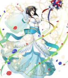 Rule 34 | 1girl, attack, black hair, blue dress, bouquet, breasts, bridal veil, bride, cleavage, dress, fire emblem, fire emblem engage, fire emblem heroes, flower, freestyle18, full body, hair between eyes, hair ornament, highres, jewelry, large breasts, light, long sleeves, looking at viewer, medium breasts, nel (fire emblem), nel (stoic bride) (fire emblem), nintendo, non-web source, official alternate costume, red eyes, short hair, solo, strapless, strapless dress, tossing, two-tone dress, veil, wedding dress, white dress