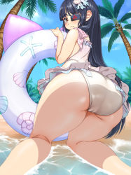 Rule 34 | 1girl, aheyoukeiko, ass, ass focus, bare shoulders, beach, black hair, blush, brown eyes, cameltoe, day, eyepatch, from behind, hair ornament, highres, holding, holding swim ring, huge ass, innertube, kneeling, long hair, looking at viewer, looking back, mirai (senran kagura), one-piece swimsuit, outdoors, palm tree, sand, senran kagura, shiny clothes, shiny skin, solo, swim ring, swimsuit, tears, thighs, tree, very long hair, water, white one-piece swimsuit