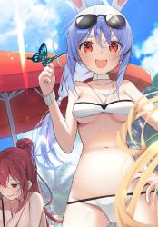 Rule 34 | animal ear fluff, animal ears, bare shoulders, bikini, blue hair, blush, breasts, bug, butterfly, cleavage, earrings, heterochromia, hololive, houshou marine, houshou marine (summer), insect, jewelry, large breasts, long hair, looking at viewer, multicolored hair, multiple girls, navel, nidaime (doronbo), open mouth, ponytail, rabbit ears, rabbit girl, red eyes, red hair, smile, swimsuit, thick eyebrows, two-tone hair, usada pekora, virtual youtuber, white bikini, white hair, wrist cuffs, yellow eyes