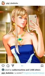 Rule 34 | 1girl, blonde hair, blue eyes, breasts, cellphone, character name, cleavage, collarbone, earrings, fake screenshot, gigi andalusia, gundam, gundam hathaway&#039;s flash, hair behind ear, highres, holding, holding phone, instagram, jewelry, long hair, louis vuitton (brand), necklace, phone, realistic, selfie, small breasts, smartphone, smile, social network, solo, upper body, walkermachine