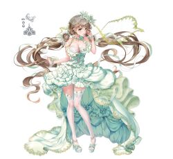 Rule 34 | 1girl, absurdly long hair, bare shoulders, breasts, bridal veil, brown hair, bustier, collarbone, contrapposto, dress, final gear, floating hair, floral dress, flower, frills, full body, green dress, green eyes, green footwear, green nails, hair flower, hair ornament, halter dress, halterneck, high heels, highres, jasmine (final gear), jasmine (flower), large breasts, lipstick, long dress, long hair, looking at viewer, makeup, nail polish, official art, paint musume, projected inset, pumps, see-through, see-through veil, simple background, sleeveless, sleeveless dress, smile, solo, standing, tachi-e, thigh gap, thighhighs, third-party source, transparent background, twintails, veil, very long hair, wavy hair, white thighhighs, white veil, zettai ryouiki