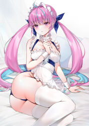 Rule 34 | 1girl, ahoge, apron, arm support, ass, blue hair, blue ribbon, blush, braid, breasts, colored inner hair, feet out of frame, frilled apron, frills, hair ribbon, highres, hololive, large breasts, long hair, maid headdress, minato aqua, multicolored hair, on bed, parted lips, pillow, pink eyes, pink hair, ribbon, sleeves past wrists, solo, thighhighs, twintails, very long hair, virtual youtuber, white apron, white thighhighs, yukineko1018