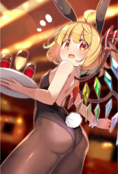 Rule 34 | 1girl, ahoge, alcohol, animal ears, ass, back, bar (place), bare back, bare shoulders, blonde hair, blush, breasts, chinese zodiac, crystal, drink, embodiment of scarlet devil, fake animal ears, flandre scarlet, from behind, highres, holding, holding tray, leotard, looking back, moja (moja4192), open mouth, pantyhose, playboy bunny, rabbit ears, rabbit tail, red eyes, red ribbon, ribbon, short hair, shoulder blades, sleeveless, small breasts, solo, strapless, strapless leotard, tail, thighs, touhou, tray, wings, year of the rabbit