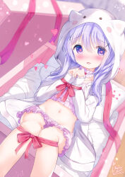 Rule 34 | 1girl, animal ears, animal hood, blurry, blurry background, blush, bound, bound wrists, box, camisole, chinomaron, christmas, commentary request, crop top, depth of field, fake animal ears, feet out of frame, frilled shorts, frills, gift, gift box, gochuumon wa usagi desu ka?, groin, hair between eyes, hair ornament, heart, heart-shaped pupils, highres, hood, hood up, hooded jacket, in box, in container, jacket, kafuu chino, long hair, long sleeves, looking at viewer, midriff, navel, parted lips, pillow, pink camisole, purple eyes, purple hair, short shorts, shorts, signature, sleeves past wrists, smile, solo, symbol-shaped pupils, twitter username, white jacket, white shorts, x hair ornament