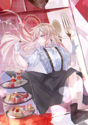 Rule 34 | 1girl, absurdres, bare legs, black footwear, black skirt, blonde hair, blue eyes, boots, braid, cake, cake slice, candy, chocolate, chocolate cake, chocolate heart, cupcake, earrings, floating hair, food, fork, frills, fruit, gloves, heart, highres, holding, holding fork, jewelry, long hair, macaron, original, oversized object, parted lips, plate, puffy short sleeves, puffy sleeves, seisaiminty, shirt, short sleeves, signature, sitting, skirt, solo, spoon, strawberry, strawberry shortcake, strawberry slice, suspender skirt, suspenders, sweets, tiered tray, white gloves, white shirt