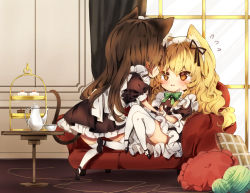 Rule 34 | 2girls, alternate costume, animal ears, black dress, black footwear, black ribbon, blonde hair, blush, bow, bowtie, braid, brown eyes, brown hair, cake, cat ears, cat tail, chibi, commentary request, couch, cup, curtains, dress, enmaided, eye contact, food, from behind, full body, green bow, green neckwear, hair between eyes, hair bow, hair ribbon, hakurei reimu, indoors, kemonomimi mode, kirisame marisa, long hair, looking at another, maid, maid headdress, mary janes, multiple girls, petticoat, pillow, piyokichi, profile, puffy short sleeves, puffy sleeves, ribbon, shoes, short sleeves, single braid, sitting, table, tail, teacup, thighhighs, touhou, wavy hair, white bow, white legwear, window, wrist cuffs, yarn, yarn ball, yellow eyes, yuri, zettai ryouiki