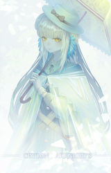 Rule 34 | 1girl, absurdres, arknights, bielin, blue feathers, ceylon (arknights), character name, commentary, copyright name, dress, feather hair, feathers, gloves, grey background, highres, holding, holding umbrella, long hair, looking at viewer, silver hair, solo, umbrella, upper body, white gloves, white headwear, yellow eyes