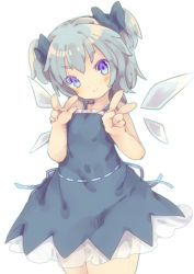 Rule 34 | 1girl, alternate hairstyle, bad id, bad pixiv id, blue dress, blue eyes, blue hair, blush, bow, cirno, double v, dress, hair bow, head tilt, looking at viewer, masirosu, matching hair/eyes, short hair, smile, solo, touhou, twintails, v, wings