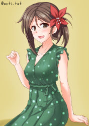 Rule 34 | 1girl, alternate costume, alternate hairstyle, amagi (kancolle), anti (untea9), brown background, brown hair, commentary request, cowboy shot, dress, flower, folded ponytail, gradient background, green dress, hair flower, hair ornament, highres, kantai collection, leaf, leaf hair ornament, long hair, maple leaf, mole, mole under eye, open mouth, polka dot, polka dot dress, sitting, sleeveless, sleeveless dress, smile, solo, sundress, twitter username