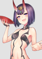1girl, bangs, bare shoulders, blush, bob cut, breasts, bridal gauntlets, collarbone, cup, eyeliner, fate/grand order, fate (series), headpiece, highres, horns, kamidanomi, looking at viewer, makeup, navel, oni, oni horns, open mouth, purple eyes, purple hair, revealing clothes, sakazuki, short hair, shuten douji (fate), skin-covered horns, small breasts, smile