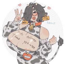 Rule 34 | 1girl, abstract background, absurdres, ahoge, animal ears, animal print, areola slip, black hair, blush, body writing, breasts, cleavage, cow ears, cow girl, cow horns, cow print, cow tail, dated, ear tag, facing viewer, glasses, grid background, hair over one eye, heart, heart in mouth, highres, horns, huge breasts, indie virtual youtuber, muroku-chan (muroku), muroku (aimichiyo0526), open mouth, solo, standing, tail, thank you, thick eyebrows, upper body, virtual youtuber, white background
