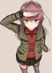 Rule 34 | &gt;:), 1girl, ahoge, arm up, black skirt, blush, brown hair, closed mouth, commentary request, from above, green jacket, grey thighhighs, hair between eyes, highres, jacket, long hair, long sleeves, looking at viewer, looking up, open clothes, open jacket, original, pleated skirt, red eyes, red sweater, ribbed sweater, salute, skirt, smile, solo, standing, sweater, thighhighs, v-shaped eyebrows, very long hair, yakob labo