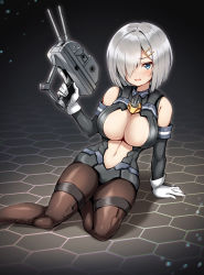 Rule 34 | 30 minutes missions, 30 minutes sisters, adapted costume, adapted turret, adapted weapon, bandai, black leotard, blue eyes, breasts, clothing cutout, gloves, hair ornament, hair over one eye, hairclip, hamakaze (kancolle), hiraga daidai, kantai collection, large breasts, leotard, mecha, mecha musume, pantyhose, robot, short hair, sitting, stomach cutout, white gloves, white hair