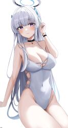 Rule 34 | 1girl, absurdres, bare shoulders, blue archive, breasts, cleavage, highres, large breasts, long hair, miruki, noa (blue archive), purple eyes, simple background, sitting, solo, white hair