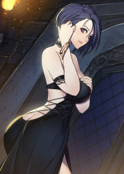 Rule 34 | 1girl, absurdres, adjusting hair, alternate costume, ass, ass focus, asymmetrical hair, back, backless dress, backless outfit, bare shoulders, blue hair, blush, breasts, butt crack, choker, cleavage, dress, fire emblem, fire emblem: three houses, from behind, hand on own chest, hide (hideout), highres, huge ass, large breasts, looking at viewer, looking back, nintendo, purple eyes, shamir nevrand, short hair, sideboob, smile, solo