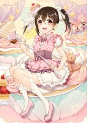 Rule 34 | 10s, 1girl, bad id, bad pixiv id, black hair, cake, center frills, corset, cupcake, dress, food, food-themed hair ornament, frills, hair between eyes, hair ornament, hat, highres, kurono kito, love live!, love live! school idol festival, love live! school idol project, open mouth, oversized object, red eyes, short hair, sitting, solo, striped clothes, striped dress, twintails, vertical-striped clothes, vertical-striped dress, white legwear, yazawa nico
