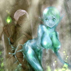 Rule 34 | 1futa, 1girl, breasts, doggystyle, elf, forest, futa with female, futanari, large breasts, long hair, looking back, monster girl, nature, open mouth, original, penis, pointy ears, sex, sex from behind, short hair, slime (substance), slime girl, un do, white hair