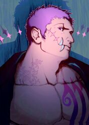 Rule 34 | 1boy, bare pectorals, charlotte katakuri, chest tattoo, eyelashes, head tilt, highres, looking at viewer, male focus, mature male, mewiyev, muscular, muscular male, no nipples, one piece, open clothes, pectorals, short hair, solo, stitches, tattoo, thick neck, tusks, upper body