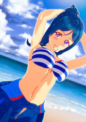 Rule 34 | 1girl, absurdres, adjusting hair, artist name, artist request, bare shoulders, beach, bikini, bikini top only, bikini under clothes, blue bikini, blue bodysuit, blue hair, blue sky, blush, bodysuit, breasts, cleavage, cloud, collarbone, day, diving, diving suit, female focus, fixing hair, freediving, front-tie bikini top, front-tie top, hair between eyes, high ponytail, highres, long hair, looking at viewer, love live!, love live! school idol festival, love live! sunshine!!, matsuura kanan, medium breasts, mouth hold, ocean, outdoors, parted lips, ponytail, purple eyes, sky, smile, solo, string bikini, striped bikini, striped bikini top, striped clothes, swimsuit, wet, wet hair, wetsuit, white bikini