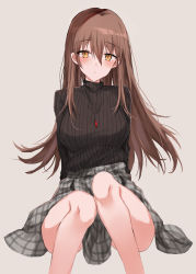 Rule 34 | 1girl, black sweater, blush, breasts, brown eyes, brown hair, commentary request, feet out of frame, grey background, grey skirt, hair between eyes, highres, kinona, long hair, looking at viewer, medium breasts, original, parted lips, plaid, plaid skirt, ribbed sweater, simple background, sitting, skirt, solo, sweater, very long hair