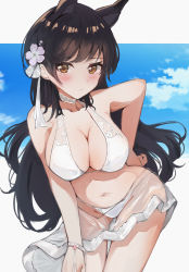Rule 34 | 1girl, absurdres, animal ears, atago (azur lane), atago (summer march) (azur lane), atago (summer march) (azur lane), azur lane, bikini, black hair, blue sky, breasts, choker, cleavage, cloud, commentary request, cowboy shot, day, extra ears, flower, hair flower, hair ornament, highres, large breasts, leaning forward, long hair, looking at viewer, misonikomi, mole, mole under eye, ribbon, sarong, sky, solo, swept bangs, swimsuit, white bikini, white choker, white ribbon, white sarong