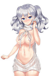 Rule 34 | 10s, 1girl, aran sweater, areola slip, bare shoulders, blue eyes, breasts, cable knit, commentary request, cowboy shot, dress, embarrassed, halterneck, kantai collection, kashima (kancolle), large breasts, legs together, long hair, looking at viewer, mahou kyuuri, meme attire, naked sweater, navel, no bra, no panties, parted bangs, ribbed sweater, silver hair, simple background, solo, standing, sweater, sweater dress, thighs, turtleneck, turtleneck sweater, twintails, virgin killer sweater, wardrobe error, wavy hair, white background, white sweater
