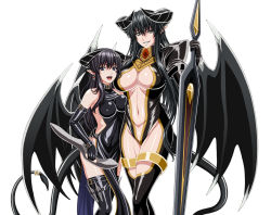 Rule 34 | 2girls, black eyes, black hair, black legwear, breasts, center opening, demon girl, demon tail, demon wings, earrings, elbow gloves, gloves, horns, huge weapon, isse, jewelry, large breasts, looking at viewer, multiple girls, open mouth, pointy ears, reverse grip, shiny skin, simple background, smile, tail, thighhighs, weapon, white background, wings