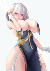 Rule 34 | 1girl, absurdres, azur lane, blush, braid, breast curtains, breasts, china dress, chinese clothes, dress, flower, from below, garter straps, gloves, grey dress, hair flower, hair ornament, half gloves, hand in own hair, highres, huge breasts, kurono suzuran, looking at viewer, looking down, neckwear between breasts, official alternate costume, pelvic curtain, purple eyes, revealing clothes, see-through, side braid, simple background, sirius (azur lane), sirius (azure horizons) (azur lane), solo, white background, white gloves, white hair