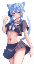 Rule 34 | 1girl, absurdres, animal ear fluff, animal ears, aoi zerii, black shirt, black skirt, blue eyes, blue hair, blue ribbon, blush, breasts, cat ears, cat girl, cropped shirt, fang, hair between eyes, highres, hololive, hoshimachi suisei, looking at viewer, medium hair, midriff, navel, neckerchief, pleated skirt, ribbon, shirt, short sleeves, side ponytail, skirt, small breasts, smile, solo, star (symbol), star in eye, symbol in eye, virtual youtuber, white neckerchief