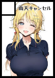 Rule 34 | 1girl, ;d, ahoge, ame (uten cancel), blonde hair, blue eyes, blue shirt, blush, breasts, collarbone, collared shirt, comiket 102, cover, cover page, doujin cover, hachimiya meguru, hair ornament, hairpin, highres, idolmaster, idolmaster shiny colors, large breasts, looking at viewer, one eye closed, open mouth, shirt, short sleeves, simple background, smile, solo, star (symbol), star hair ornament, twintails, upper body, white background