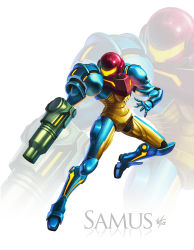 Rule 34 | 1girl, aiming, alternate color, arm cannon, armor, artistic error, bad reflection, boots, character name, gauntlets, glowing, helmet, highres, jumping, metroid, neon trim, nintendo, power armor, power suit, projected inset, reflection, samus aran, shoulder pads, signature, solo, visor, weapon, wes talbott, zoom layer