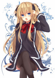 Rule 34 | 1girl, :o, black thighhighs, blonde hair, blue eyes, bow, crossed legs, hair bow, hair ribbon, long hair, looking at viewer, open mouth, quiz magic academy, ribbon, school uniform, shalon, shiromikan, sitting, solo, thighhighs, two side up, very long hair