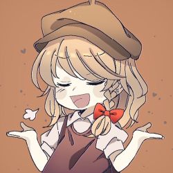 Rule 34 | &gt;:d, 1girl, :d, puff of air, alternate headwear, bad id, bad twitter id, blonde hair, blush stickers, bow, braid, cabbie hat, collared shirt, hair bow, hat, heart, iiha toobu, kirisame marisa, medium hair, muted color, open mouth, puffy short sleeves, puffy sleeves, shirt, short sleeves, shrugging, single braid, smile, smug, solo, touhou, v-shaped eyebrows, vest