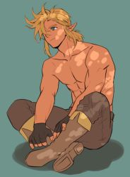 Rule 34 | 1boy, abs, blonde hair, blue eyes, boots, collarbone, fingerless gloves, full body, gloves, hair over one eye, link, male focus, medium hair, nintendo, one eye covered, pants, pectorals, pointy ears, topless male, sitting, smile, solo, the legend of zelda, youchi123
