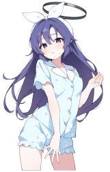 1girl animal_print blue_archive blue_shirt blue_shorts blush breasts cat_print hairband halo highres long_hair looking_at_viewer medium_breasts pajamas purple_eyes purple_hair rakugaki_ningen shirt short_sleeves shorts sidelocks simple_background solo thighs white_background white_hairband yuuka_(blue_archive) yuuka_(pajamas)_(blue_archive)