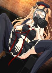Rule 34 | 1girl, asymmetrical legwear, asymmetrical sleeves, belt, beret, black thighhighs, blonde hair, blush, bodysuit, breasts, brick wall, couch, frilled skirt, frills, gas mask, gloves, hair between eyes, hair tie, hand on own chest, hand on own crotch, hat, heterochromia, highres, hose, kantai collection, latex, latex gloves, long hair, looking at viewer, mask, medium breasts, murasame (kancolle), murasame kai ni (kancolle), rubber gloves, sailor collar, sitting, skin tight, skindentation, skirt, solo, spread legs, strap, tamakko, thighhighs, twintails, white gloves