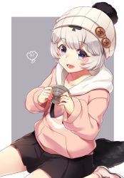 Rule 34 | 1girl, alternate costume, animal ears, beanie, black hair, blue eyes, blush, brown skirt, californian sea otter (kemono friends), casual, commentary request, hat, hood, hood down, hoodie, kemono friends, long sleeves, m0 03, multicolored hair, otter ears, otter girl, otter tail, pink footwear, pink hat, pink hoodie, pleated skirt, seashell, shell, shoes, short hair, sitting, skirt, sneakers, solo, tail, wariza, white hair, winter clothes
