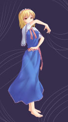 Rule 34 | 1girl, alice margatroid, barefoot, blonde hair, blue dress, capelet, covered mouth, dress, feet, female focus, full body, hairband, highres, miyo (ranthath), puppet strings, purple background, ribbon, short hair, simple background, solo, standing, touhou, yellow eyes