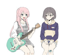 Rule 34 | 2girls, anon8p, bandaid, bandaid on knee, bandaid on leg, bang dream!, bang dream! it&#039;s mygo!!!!!, blue hoodie, blush, chihaya anon, closed mouth, commentary, drawstring, dress, electric guitar, english commentary, fang, grey dress, grey eyes, grey hair, guitar, hands on lap, highres, holding, holding guitar, holding instrument, holding plectrum, hood, hoodie, instrument, long hair, long sleeves, looking at another, multiple girls, open mouth, pink hair, plaid, plaid dress, plectrum, red eyes, shirt, short hair, shorts, simple background, sitting, smile, takamatsu tomori, two-tone hoodie, white background, white shirt, yellow hoodie