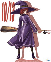 Rule 34 | 1girl, alfa system, bat (animal), belt, black pantyhose, black thighhighs, broom, broom riding, dress, female focus, from behind, full body, fumiko odette vanstein, glasses, hat, high heels, charm (object), looking back, pantyhose, pince-nez, red eyes, red hair, shikigami no shiro, shoes, short hair, silhouette, solo, thighhighs, tnonizyou, witch, witch hat