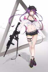 Rule 34 | 1girl, assault rifle, asymmetrical legwear, bad id, bad twitter id, bare shoulders, baseball cap, belt, black choker, black footwear, black shirt, black shorts, breasts, choker, cleavage, collarbone, crop top, cropped jacket, crossed legs, demon tail, ear piercing, fake horns, fishnet thighhighs, fishnets, full body, green eyes, groin, gun, hair ornament, hairclip, hat, hololive, horns, jacket, jpeg artifacts, kisaki oni, large breasts, long hair, long sleeves, looking at viewer, midriff, mismatched legwear, mouth hold, navel, off shoulder, piercing, purple hair, rifle, shadow, shirt, shoes, short shorts, shorts, sidelocks, single thighhigh, sleeveless, sleeveless shirt, sneakers, solo, standing, stomach, tail, thighhighs, thighs, tokoyami towa, twintails, undershirt, very long hair, virtual youtuber, watson cross, weapon, weapon request, white jacket