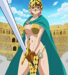 Rule 34 | 1girl, armor, bikini armor, breasts, brown eyes, cape, cleavage, cloud, dressrosa, female focus, gladiator, gloves, helmet, highres, large breasts, looking at viewer, navel, one piece, pink hair, rebecca (one piece), screencap, solo, standing, stitched, sword, third-party edit, underboob, weapon