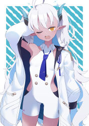 Rule 34 | 1girl, absurdres, ahoge, ao12073010, arm behind head, blue archive, blue background, blue hair, blue necktie, bodysuit, border, coat, colored inner hair, commentary request, cowboy shot, demon horns, epaulettes, half-closed eyes, halo, highres, hip vent, horns, long pointy ears, long sleeves, looking at viewer, loose necktie, multicolored hair, necktie, off shoulder, one eye closed, open clothes, open coat, orange eyes, outside border, pointy ears, single bare shoulder, sleepy, sleeveless, solo, striped, striped background, sumomo (blue archive), two side up, wavy mouth, white bodysuit, white border, white coat, white hair