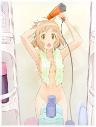 Rule 34 | 10s, 1girl, :o, after bathing, armpits, arms up, blush, bottle, cable, censored, convenient censoring, hair dryer, highres, light brown hair, mirror, naked towel, navel, nude, official style, open mouth, reflection, scar, senki zesshou symphogear, short hair, solo, tachibana hibiki (symphogear), towel, towel around neck, unyon, wet, wet hair, yellow eyes, yellow towel