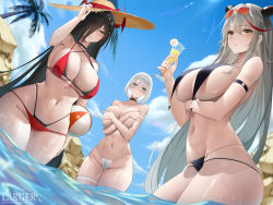 Rule 34 | 3girls, absurdres, aegir (azur lane), arm under breasts, arm up, artist logo, azur lane, ball, beachball, bikini, bikini bottom only, black bikini, black choker, blue sky, blush, breast curtains, breasts, choker, cleavage, closed mouth, cloud, cocktail glass, covering privates, covering breasts, cup, curvy, day, demon horns, double bikini, drinking glass, earrings, embarrassed, eyewear on head, food, friedrich der grosse (azur lane), fruit, grey hair, grin, groin, hair over one eye, hand up, hat, highres, holding, holding cup, horns, horns through headwear, jewelry, large breasts, larger bmx, layered bikini, lemon, lemon slice, long hair, looking at viewer, multicolored hair, multiple girls, navel, outdoors, palm tree, parted lips, red bikini, rock, short hair, sideboob, skindentation, sky, smile, stomach, straight hair, straw hat, streaked hair, sunglasses, sunlight, swimsuit, thigh strap, thighs, tirpitz (azur lane), topless, tree, underboob, very long hair, wading, water, wet, white bikini, white hair, wide hips, yellow eyes, zipper, zipper pull tab