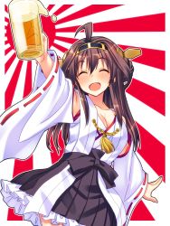 Rule 34 | 10s, 1girl, :d, ^ ^, ahoge, alcohol, beer, blush, breasts, brown hair, cleavage, detached sleeves, drunk, closed eyes, hairband, headgear, highres, japanese clothes, kantai collection, kongou (kancolle), long hair, open mouth, personification, ribbon-trimmed sleeves, ribbon trim, rising sun flag, smile, solo, sunburst, yuuki keisuke