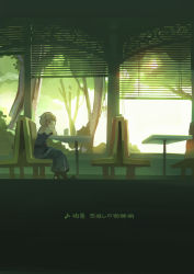 Rule 34 | 1girl, black footwear, window blinds, blonde hair, blue dress, blue eyes, boots, commentary request, couch, dress, etrian odyssey, frederica irving, from side, highres, huanxiang huifeng, indoors, long hair, looking away, looking to the side, low twintails, on couch, sitting, solo, table, translation request, twintails, window
